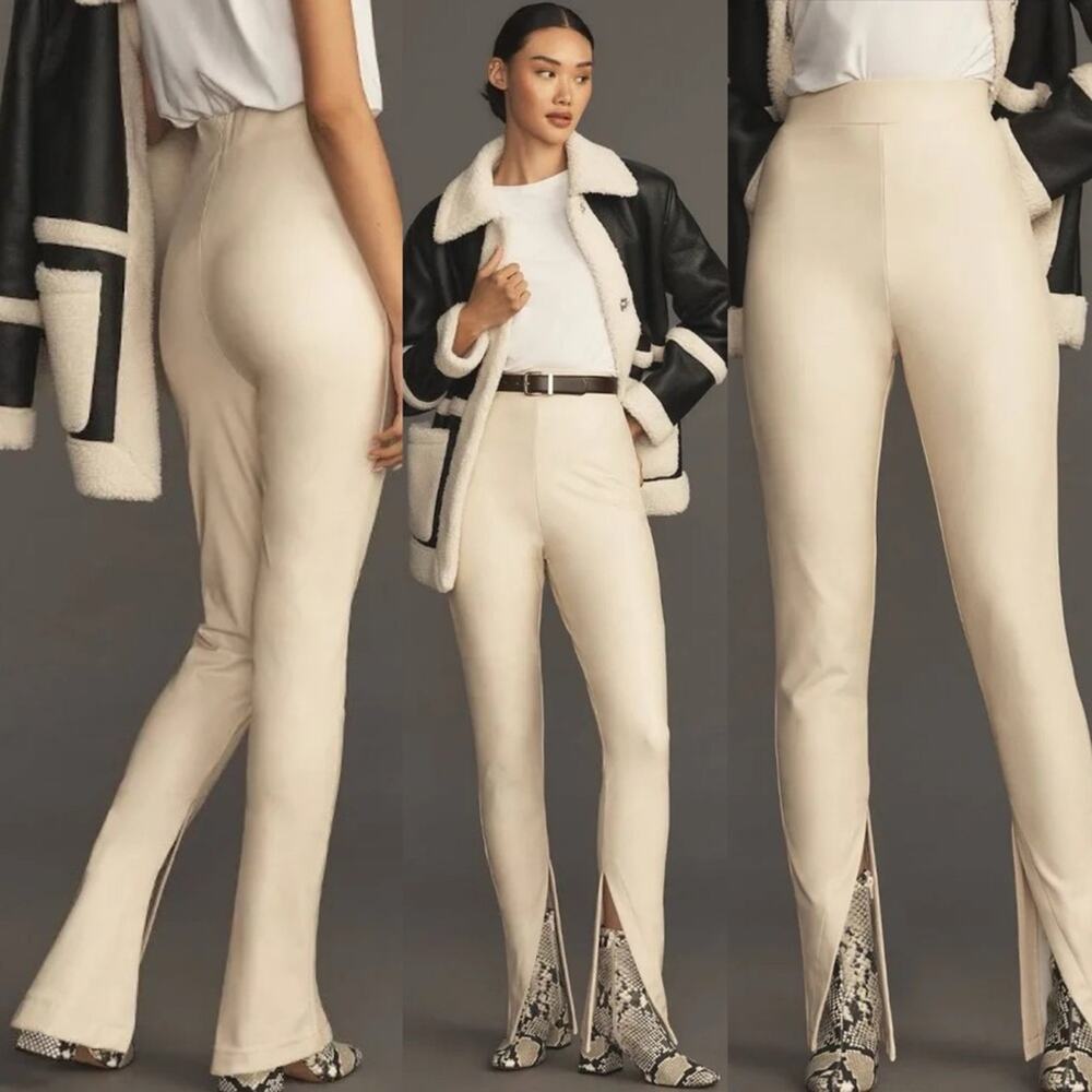 Avec Les Filles High-Waisted Faux Leather Slit Leggings Cream